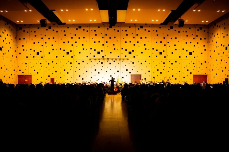 Experience the magic of an orchestra performance in Cajicá, Colombia with stunning silhouette and ambiance.
